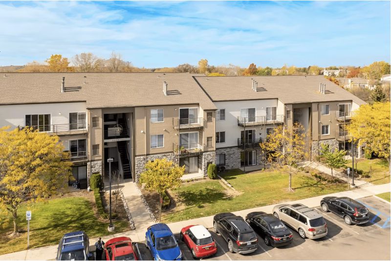 Aerial view of a three-storey apartment community