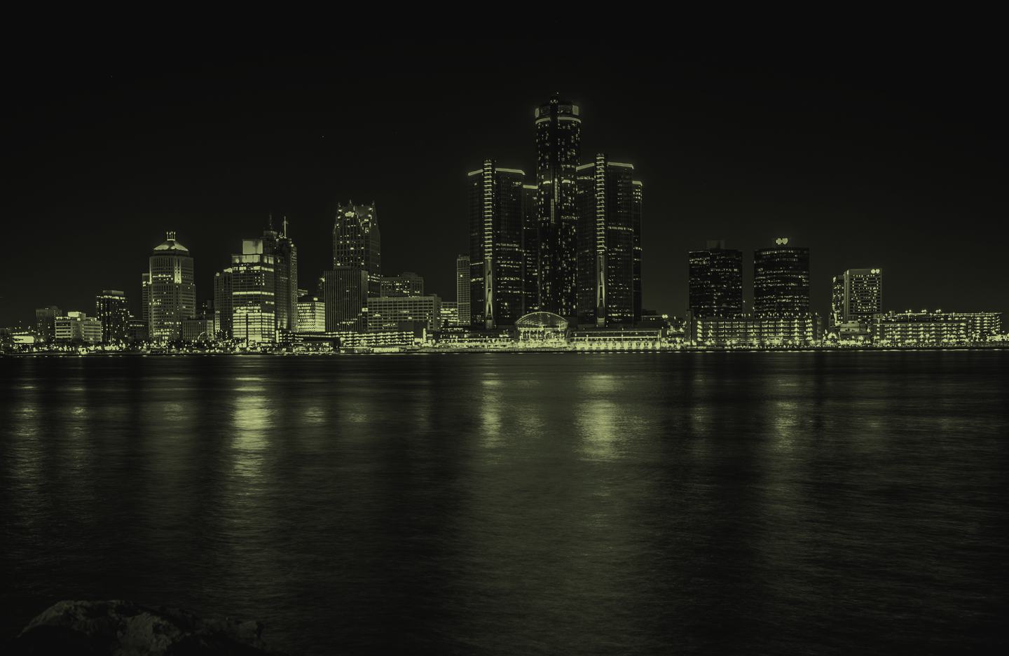 The Detroit skyline at night, seen across the river